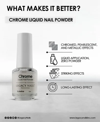 Vista 2 de LEGACY NAILS Polvo líquido profesional para uñas CROMADO - ALANA 0.2 fl oz - Revela la magia de los efectos iridiscentes, nacarados y metálicos - Di