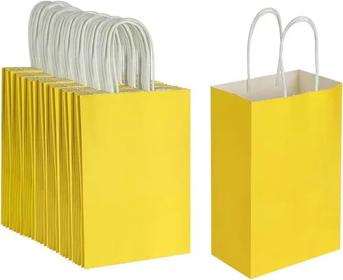 Vista 3 de Oikss Cada paquete de 100 bolsas pequeñas de papel kraft morado y amarillo con asas a granel