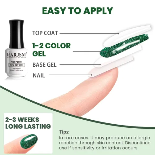 Vista 6 de RARJSM Esmalte de uñas de gel con purpurina verde, esmalte de gel reflectante con destellos de purpurina y diamantes, esmalte de uñas de gel