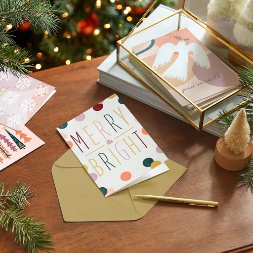 Vista 2 de Hallmark Surtido de tarjetas de Navidad en caja boho (16 tarjetas y sobres) rosa pastel, morado, verde esmeralda, paloma