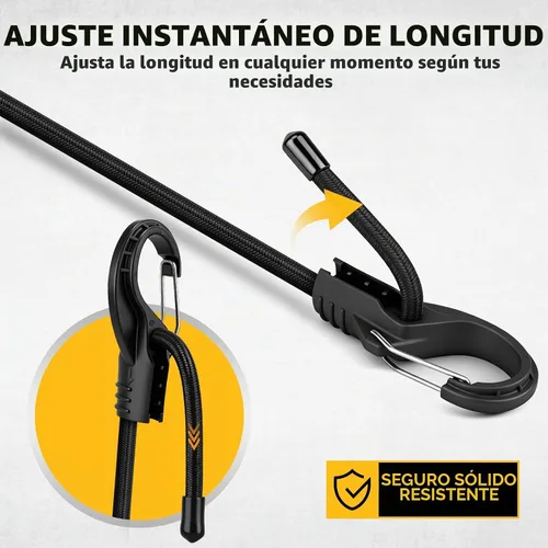 Vista 4 de Rollo de cuerda elástica con 40 ganchos ajustables, cuerdas elásticas resistentes de 1/3 pulgadas x 65 pies, cuerda elástica negra de grado marino