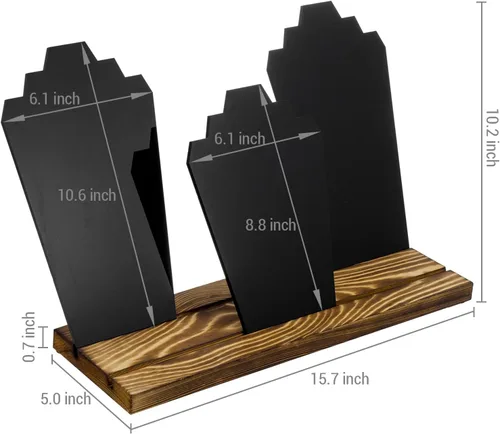 Vista 5 de MyGift Busto de 3 paneles de acrílico negro moderno con base de madera maciza quemada rústica, caballete ajustable en forma de cuello, soporte