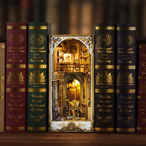 Vista 7 de Kit de rincón de libros de bricolaje, diorama de sujetalibros con LED, rompecabezas de madera 3D, kits de casa en miniatura para bricolaje
