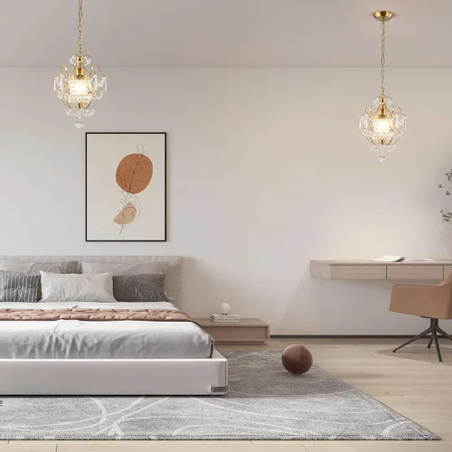 Vista 7 de Mini Candelabro Dorado Moderno, Lámparas de Luz de Cristal para Montaje en Techo de 1 Luz, Pequeños Candelabros de Cristal para Dormitorio, Elegante