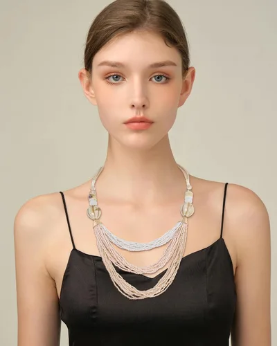Vista 2 de Bocar Collar para mujer, collar largo de cuentas de varias capas, collar hecho a mano, collar de cadena de eslabones largos, regalo de joyería