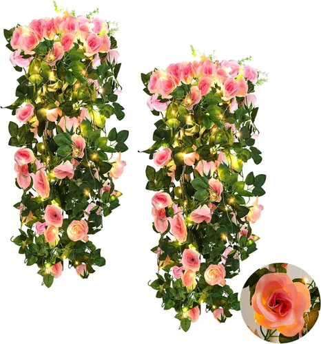 Vista 18 de RECUTMS - Guirnalda de flores artificiales colgantes de rosas negras, 2 guirnaldas florales falsas de 3.3 pies con 30 luces LED para pared