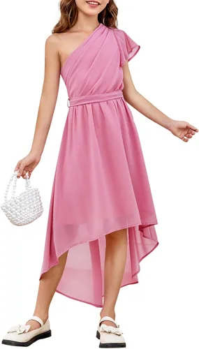 Vista 2 de rrhss Vestidos de flores para niñas con volantes de un hombro y vuelo, acampanado, sin mangas, lindos vestidos de fiesta de graduación de boda