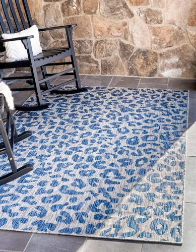 Vista 8 de Unique Loom colección Outdoor Safari Alfombra para exteriores - Leopardo (13' redonda, azul/gris)