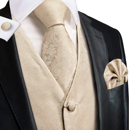Vista 2 de Hi-Tie Juego de 5 piezas de chaleco con corbata de pañuelo de solapa, conjunto de chaleco de seda jacquard formal para esmoquin S-3XL