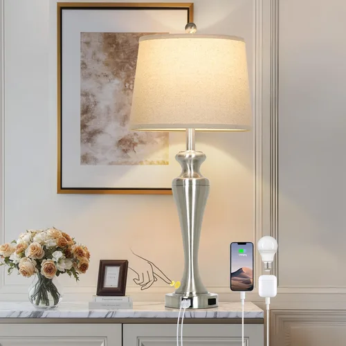 Vista 15 de Lámpara de mesa marrón oscuro de 30 pulgadas, lámpara de noche individual con control táctil de 3 vías con puertos USB A+C y salida de CA, lámparas