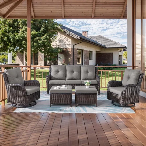Vista 64 de HUMMUH Juego de 2 Sillas Giratorias Mecedoras de Mimbre para Patio Exterior, Juego de Muebles de Sillas Mecedoras de Ratán (Marrón, Azul) 50,000