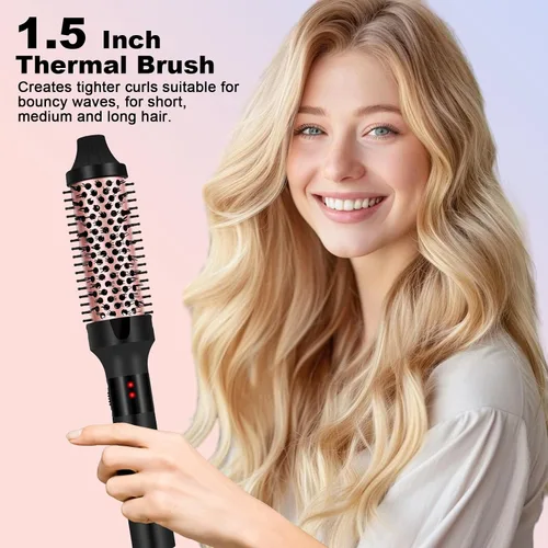 Vista 2 de Cepillo térmico de 1.5 pulgadas para aspecto de soplado, alisado de cabello redondo con 2 ajustes de temperatura, plancha de cerámica para cabello