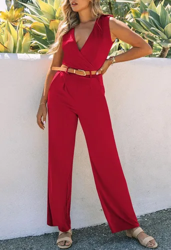 Vista 4 de Pink Queen Overol para mujer, cuello en V, sin mangas, pierna ancha, pantalones largos