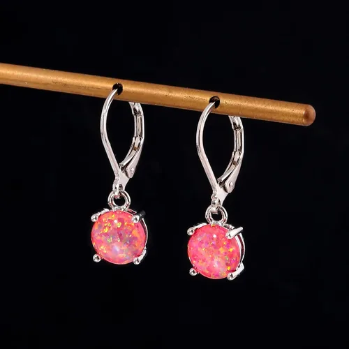 Vista 4 de CiNily - Aretes colgantes de ópalo, corte redondo, ópalo de fuego color azul, blanco, rosa, verde, negro, bañado en rodio, joyería con cierre catalán