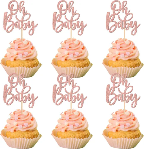 Vista 12 de 24 piezas Oh Baby Cupcake Toppers Glitter Baby Shower Cupcake Picks Reveal Género Decoración de Pasteles para Baby Shower Niños Niñas Fiesta de Azul