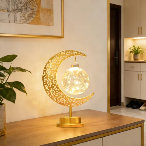 Vista 4 de Lámpara de luna con globo colgante, lámpara de mesa decorativa de luna creciente, funciona con pilas, decoración islámica de metal retro, luz LED