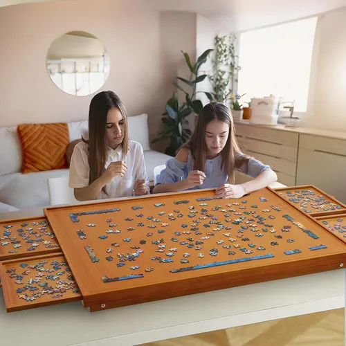 Vista 6 de TEAKMAMA Tablero de rompecabezas de madera de 1500 piezas con 4 cajones, mesa de rompecabezas plegable con cubierta protectora, tablero de Marrón