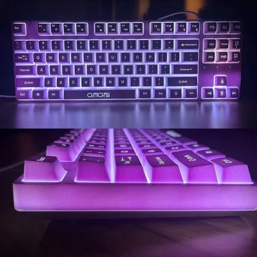 Vista 4 de CHONCNHOW - Teclado y mouse para juegos con retroiluminación blanca, teclado LED y micrófono de 87 teclas con cable de 3600 DPI con cable de 19