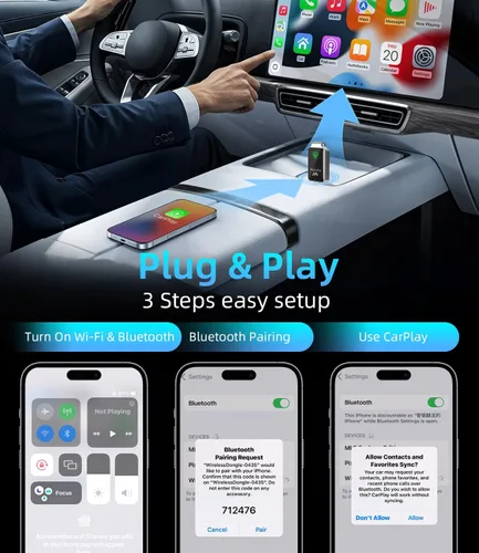 Vista 2 de Mini adaptador inalámbrico Carplay para iPhone de Apple, convierte adaptador de juego de coche con cable a inalámbrico, CarPlay Dongle Stick