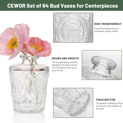 Vista 3 de CEWOR Jarrones de cristal a granel, juego de 64 jarrones pequeños para centros de mesa, jarrones de flores para flores a granel para decoración