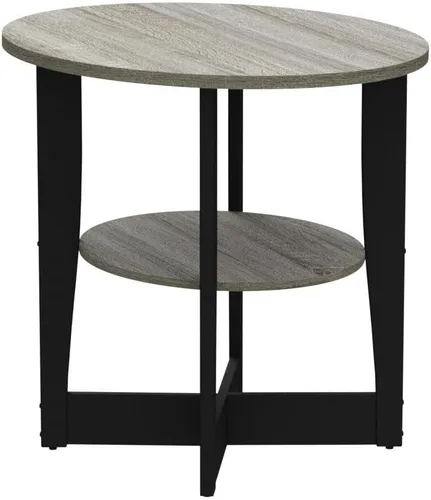 Vista 4 de Furinno JAYA - Juego de 2 mesas auxiliares redondas de 2 niveles con mesa ovalada, mesita de noche, mesita de noche con estante abierto, para sala