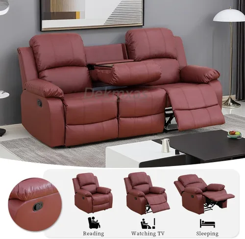 Vista 4 de Juego de sala de Estar reclinable de 3 piezas, juego de sofá reclinable Manual para conjunto de muebles de sala de Estar, con consola de Rojo
