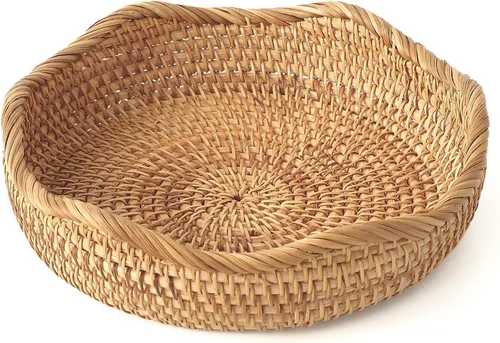 Vista 6 de HITOMEN Cestas de pan de ratán hechas a mano, cestas redondas de mimbre para frutas, tazones de almacenamiento de servicio, naturales, decorativas