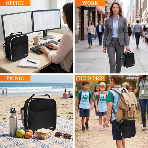 Vista 7 de OPUX lonchera aislada de alta calidad Bolsa de almuerzo escolar suave hermética para niños y niñas Durable y reutilizable como lonchera de Negro
