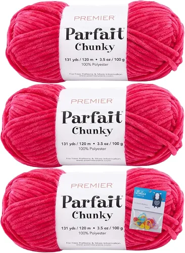 Vista 13 de Premier Yarns Parfait - Paquete de 3 unidades de felpilla gruesa de 3.5 onzas, peso supervoluminoso, paquete de 3 unidades con soportes para punto