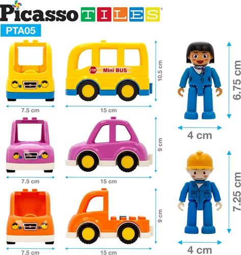 Vista 7 de PicassoTiles Juego de figuras magnéticas de 5 piezas para vehículos y figuras de acción, incluyendo autobús escolar, automóvil, camión y 2