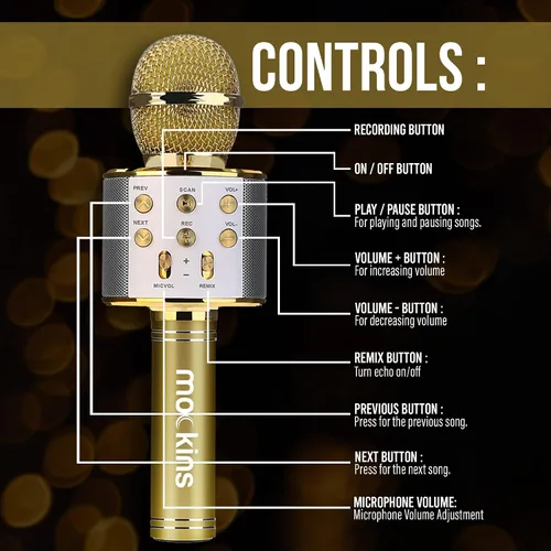 Vista 5 de Mockins Micrófono de karaoke Bluetooth dorado para niños con micrófono Bluetooth integrado, altavoz inalámbrico para karaoke compatible con iPhone