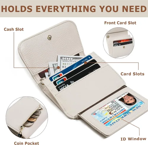 Vista 4 de Cartera pequeña para mujer, con bloqueo RFID, delgada y bolsillo para monedas, tarjetero plegable para tarjetas de crédito con ventana