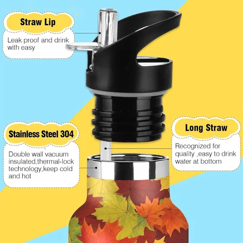 Vista 3 de Kids Water Bottle for School, Water Bottle Stainless Steel for Travel or School 20 Oz, BPA-Free, Autumn Leaves Orange Red