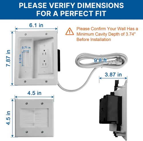 Vista 8 de in Kit de gestión de cables de pared con cable de extensión de alimentación de 9.8 pies, ocultador de cable de TV para televisores montados