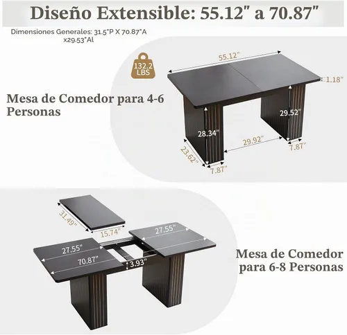 Vista 2 de Mesa de comedor extensible rectangular de 55 pulgadas–71 pulgadas para 4–6 personas, mesa de cocina expandible de estilo rústico moderno con base