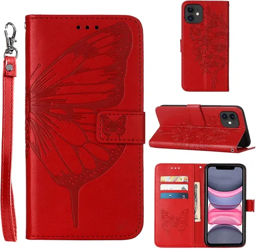 Vista 9 de Funda tipo cartera para iPhone 11, diseño de mariposas y flores (azul) Embossed PU Leather, TPU Interior, Flip Case Folio Cover, Stand, Cash