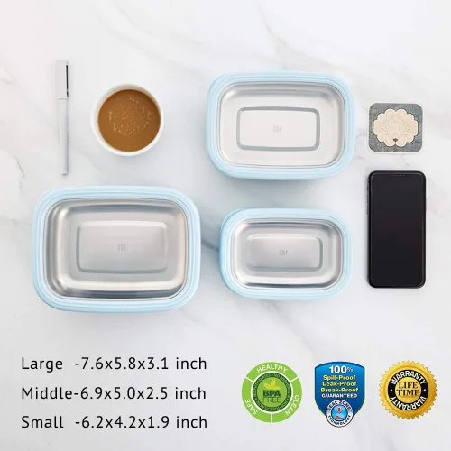 Vista 5 de Lille Home Fiambrera de acero inoxidable premium con exterior antideslizante, juego de 3, 15.9 oz, 30.4 oz, 1,4 L, a prueba de fugas, libre de BPA