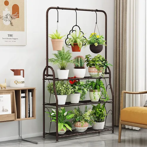 Vista 7 de SORCEDAS Soporte para plantas para interiores y exteriores, estante colgante de esquina de 3 niveles de alto, soportes de metal para flores, soporte