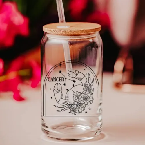 Vista 2 de Taza de cristal del zodiaco – Taza de vidrio de 16 oz con signo de horóscopo, taza de vidrio para café helado con tapa de bambú y taza de viaje