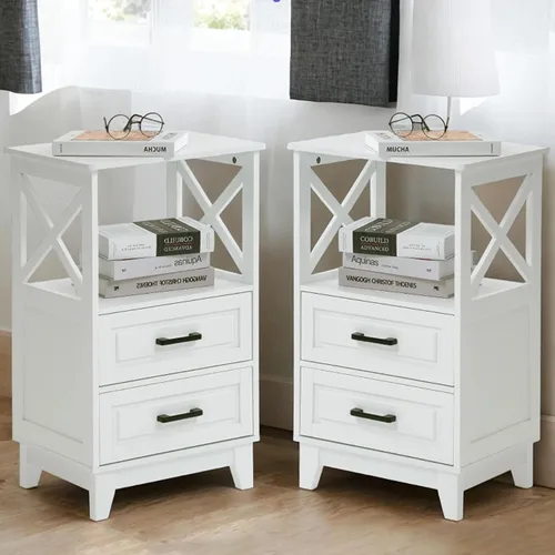Vista 27 de FansaFurn Farmhouse - Mesa auxiliar con estación de carga para dormitorio Mesitas de noche rústicas blancas con armario de almacenamiento y Blanco