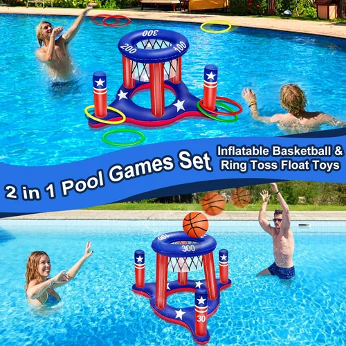 Vista 5 de Juguetes de piscina con la bandera estadounidense para adolescentes y adultos, 250 aniversario, aro de baloncesto flotante 2 en 1, juego