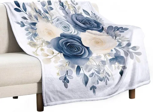 Vista 50 de Manta de flores de acuarela azul marino, bohemias, manta de acuarela floral con coronas de rosas y hojas de peonías, lujosa, cálida y acogedora