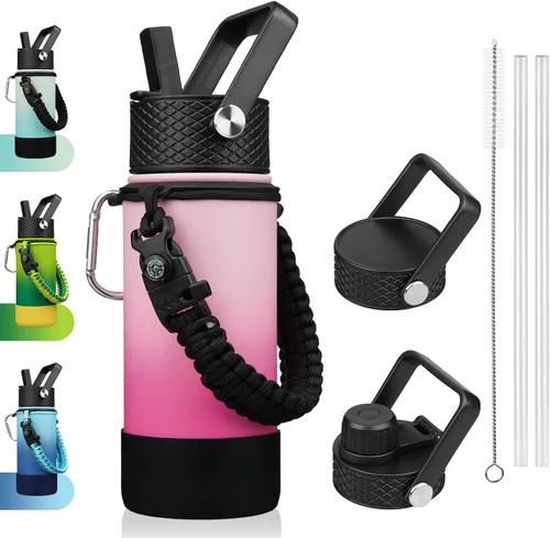 Vista 43 de BJPKPK - Botella de agua con tapa de popote, botellas de agua aisladas de 18 onzas con 3 tapas, asa de cuerda de paracaídas y base antideslizante