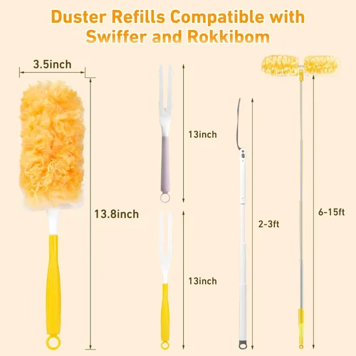 Vista 6 de Kit de repuestos de plumero de 360° para plumero Swiffer, paquete de 25 y 1 mango, plumeros multisuperficie con 4 veces de potencia de limpieza. Kit