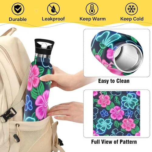 Vista 4 de Summer Neon Hibiscus Frangipani Flower - Botella de agua ligera con aislamiento deportivo con asa, para bebidas calientes y frías, doble pared
