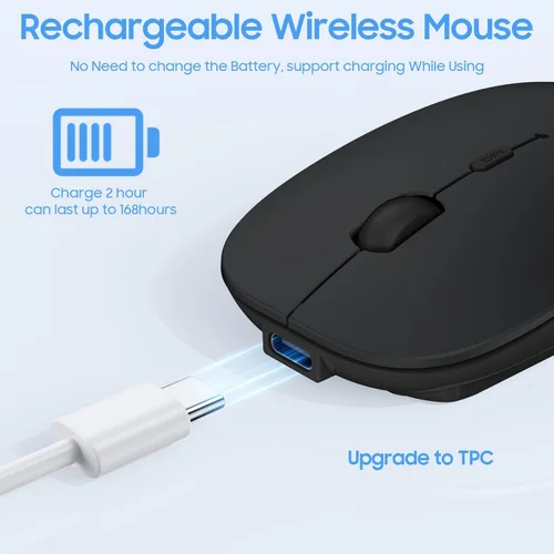 Vista 3 de SUNGI Ratón Bluetooth para laptop, MacBook, iPad, Android, PC, recargable, silencioso, inalámbrico, compatible con Windows/Linux/Tablet, negro
