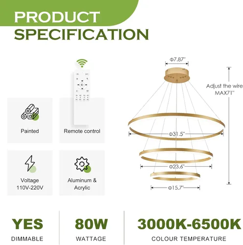 Vista 57 de Benkut Lámpara de Araña de Anillo LED Moderna Negra para Comedor, Lámpara de Araña de Techo Circular Empotrada Regulable con Control Remoto