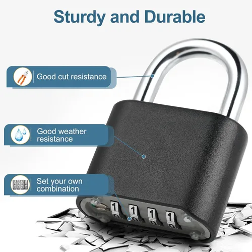 Vista 2 de DELSWIN Candado de combinación de alta resistencia – Cerradura de combinación de 4 dígitos con grillete de acero endurecido, cerradura combinada