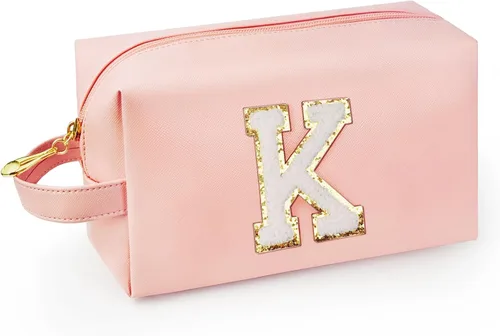 Vista 69 de Bolsa de maquillaje personalizada con inicial con asa, bolsa de cosméticos de preparación con bolsillo interior con cremallera, 8, 9, 10, 11, 12 Rosa