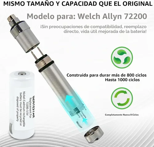 Vista 2 de Batería de repuesto para baterías recargables Welch Allyn 72200 1300 mAh